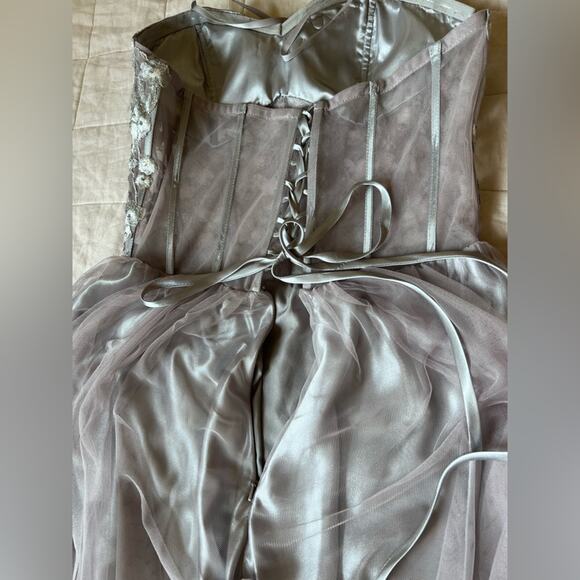 Blondie Nites Silver Beaded Floral Sheer Bustier Strapless Tulle Gown Fairy - 9 - Picture 3 of 12